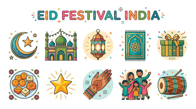 Eid Festival India Symbols with Mosque Lantern Gift Sweets Henna Family and Drum
