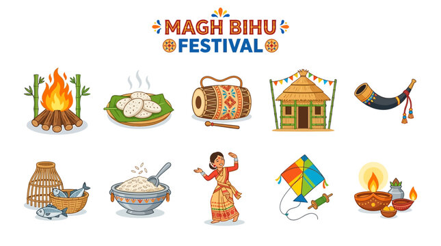 Magh Bihu Festival Symbols with Bonfire Food Dance Drum Hut Kite and Lamp