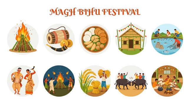 Magh Bihu Festival Bonfire Food Dance Hut Fishing Harvest and Bull Celebration Symbols