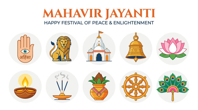 Mahavir Jayanti Symbols with Ahimsa Hand Temple Lion Lotus and Diya for Jain Festival