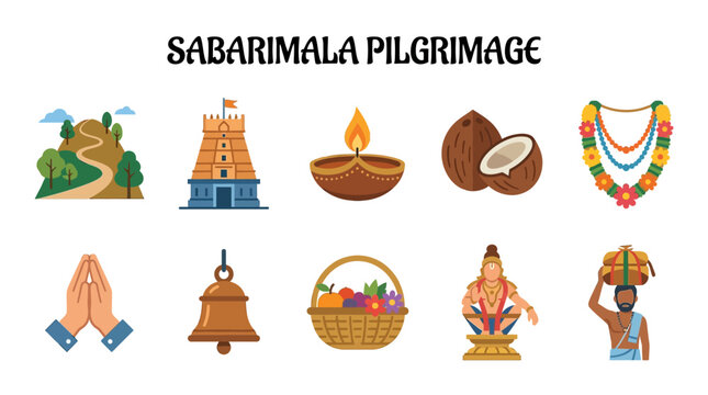 Sabarimala Pilgrimage Symbols with Temple Lamp Coconut Garland and Devotee