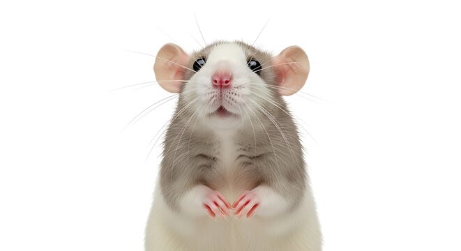 Close up of a domestic rat with expressive eyes and a curious pose