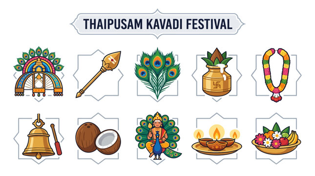 Thaipusam Kavadi Festival Symbols with Peacock Feather Spear Bell and Offerings