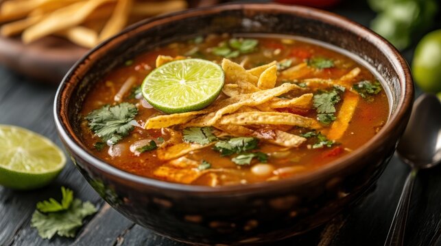 Mexican sopa de lima in a bowl with lime slice and tortilla strips on a dark wooden table