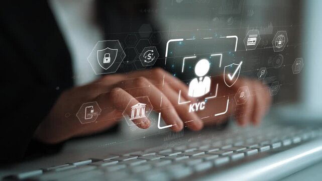 Digital KYC verification with biometric scan, ID authentication, and financial security icons representing identity verification, secure onboarding, fraud prevention, and compliance Marrow