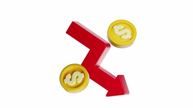 3d looping ui icon red arrow and dollar coins showing financial decline, ideal for economic news articles, financial presentations, and business reports.