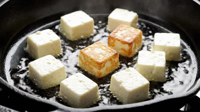 Cubes Of Paneer Cheese Sizzling In Hot Cast Iron Pan
