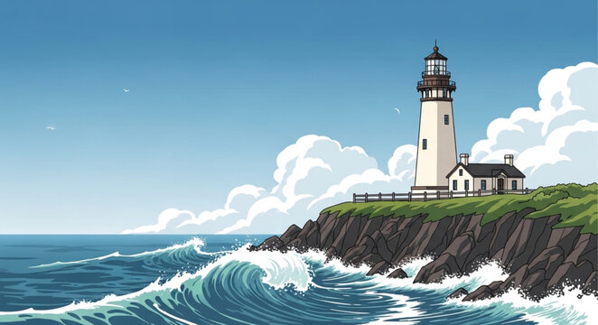 Lighthouse on rocky ocean shore.