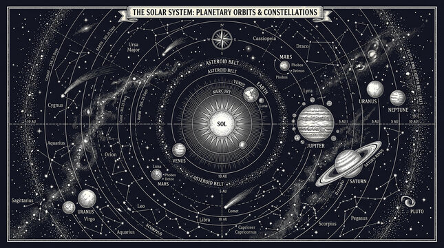 Vintage Solar System Map with Planetary Orbits and Constellations &ndash; Black and White Astronomy Illustration