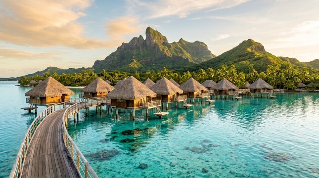 Serene sunrise at overwater bungalows bora bora travel photography tropical paradise scenic viewpoint