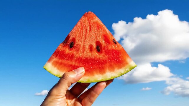 Steady Hand Holding Fresh Watermelon Slice Against Blue Sky With Passing Clouds