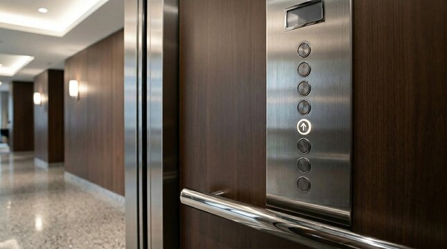 Modern elevator control panel with buttons in corporate building  