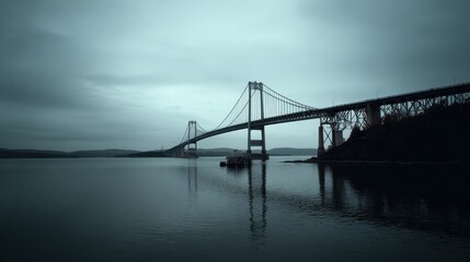 Naklejka premium Moody suspension bridge over calm water under a dark overcast sky at dusk