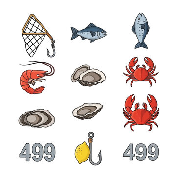 Seafood fishing hook and ocean creatures.