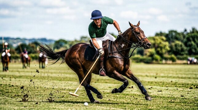 Male polo player riding horse and swinging mallet on field  