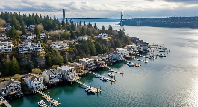 Coastal houses and yachts on a hillside with bridge and water view