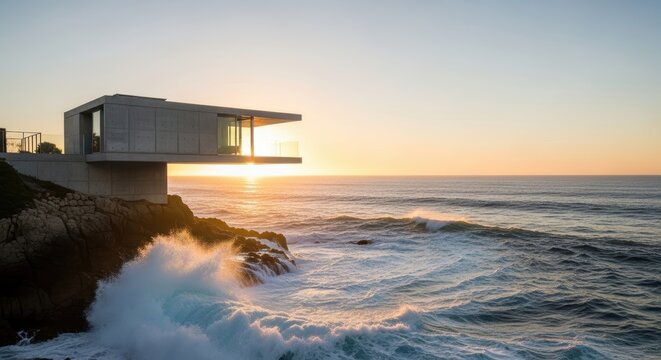 Dramatic minimalist concrete house with daring cantilever, poised on a rugged cliff edge, overlooking majestic ocean waves at golden sunset