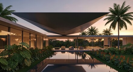 Fototapeta premium A serene futuristic minimalist villa showcases seamless indoor-outdoor flow with massive cantilevered roof reflecting pool surrounded lush tropical garden at magic hour.