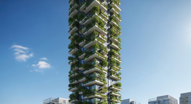 A futuristic parametric architecture building stands tall with organic curved facade against blue sky