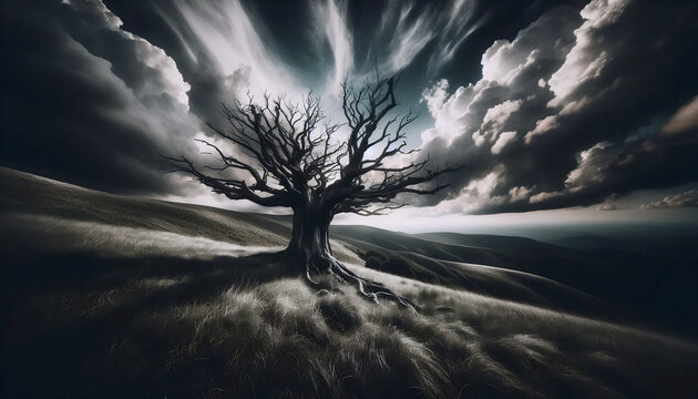 A melancholic landscape of a single, gnarled tree on a hill under a stormy, dramatic sky, Ai generated image