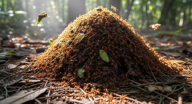 Close up of an ant hill in a forest environment with natural sunlight