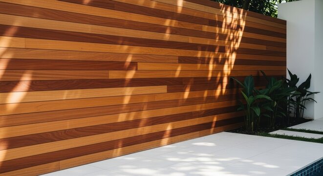 Horizontal teak wood fence with natural grain visible in a modern tropical villa backyard setting with dappled sunlight filtering through.