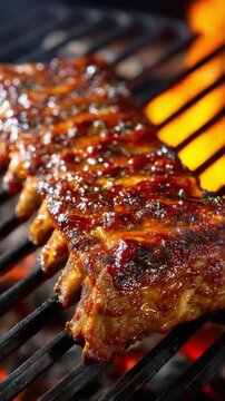 Smoky Grill Perfection: Capturing the sizzling moment of barbecue ribs cooking on a grill with flames licking the meat, evoking mouthwatering aromas and the satisfaction of culinary mastery.