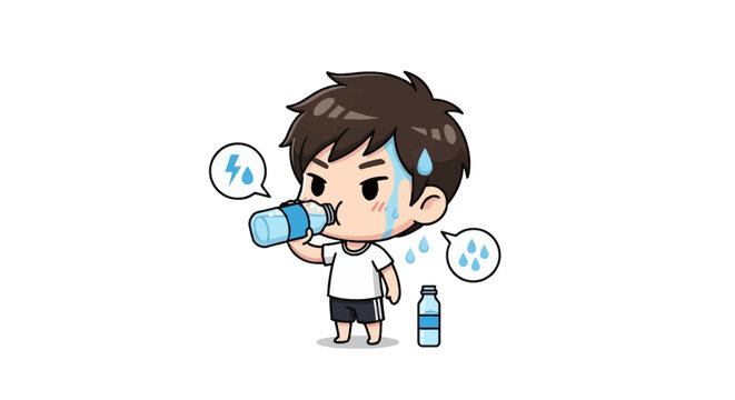 Chibi boy character sweating profusely while drinking water from a plastic bottle to stay hydrated during hot weather, vector illustration of thirsty child on white background.