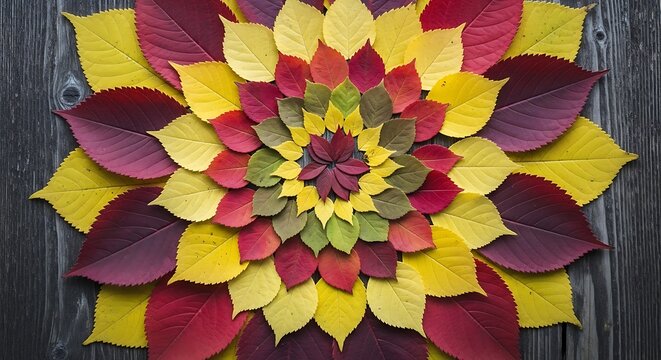 Colorful autumn leaves arrangement in floral pattern on dark wood surface
