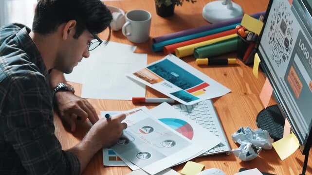 Professional designer writing and designing logo graphic at meeting. Closeup of business man working on colored palettes and writing idea on sticky notes on table with equipment and paper. Symposium.