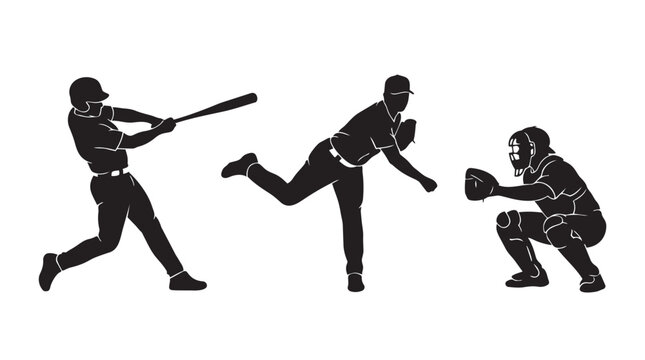 Baseball players in action: batter swinging pitcher throwing catcher squatting