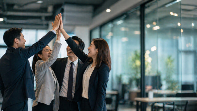 Happy diverse business team high five in office