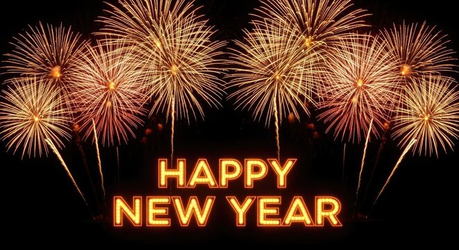 Vibrant golden fireworks exploding over dark background with happy new year text explosion golden sparks
