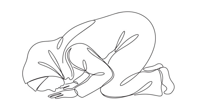 Muslim woman in prayer position bowed in worship line art prostration