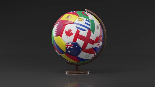 Globe shaped like a soccer ball spinning with the colors of the countries participating in the World Cup. Horizontal composition. 3D animation.