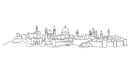 Fototapeta premium Jerusalem skyline line art illustration with black and white, hand drawn