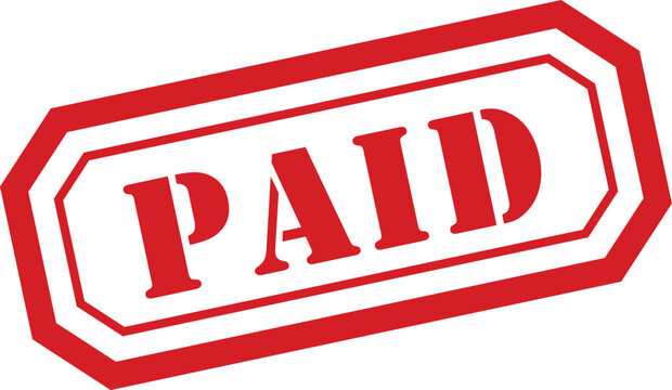 A distinct red rubber stamp featuring the word PAID prominently displayed in an octagonal shape on a white sheet