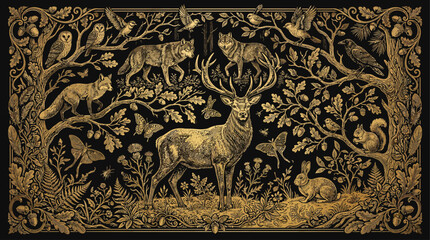 Obraz premium Luxury Vintage Forest Animals Golden Line Art Illustration on Black Background