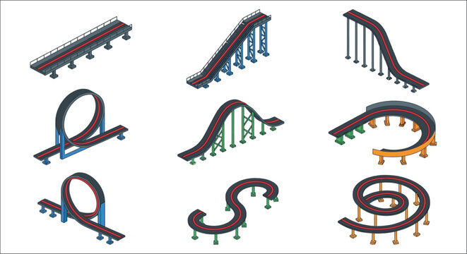 Isometric roller coaster tracks collection a variety of thrilling designs