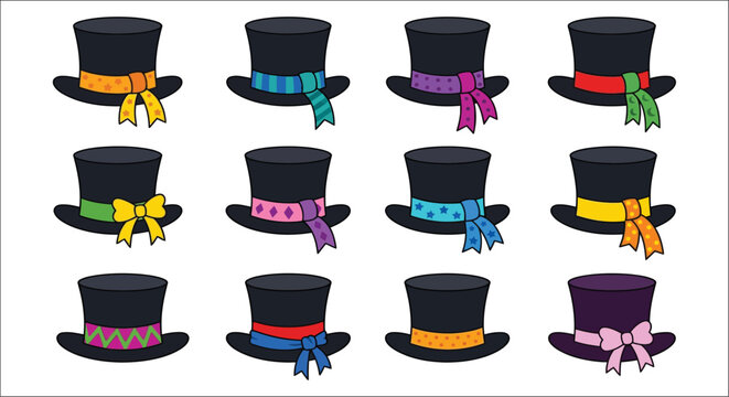 Colorful magic hats with rabbits a whimsical illustration collection