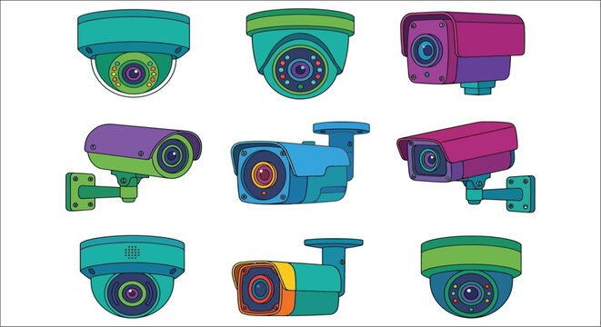 Colorful cartoon security cameras pattern on a white background