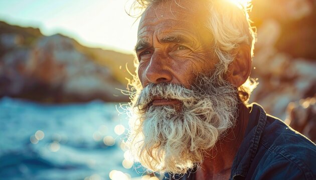 Elderly sailor with a long, weathered beard bathed in golden sunlight by the sea