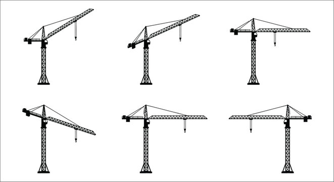 Six black and white illustrations of tower cranes in various positions