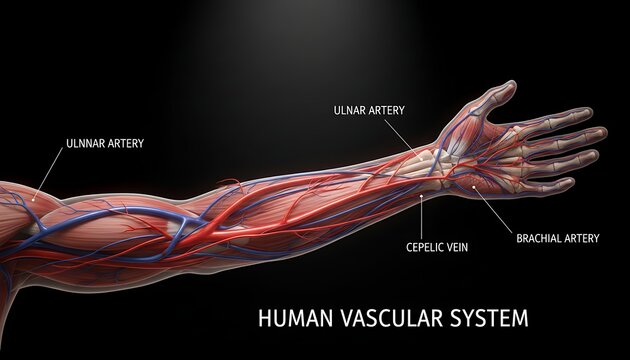 Detailed Human Arm Vascular System Illustration in Side View