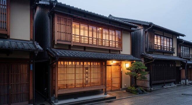 A serene evening view of a renovated modern Japanese machiya townhouse with wooden lattice windows on a narrow Kyoto street