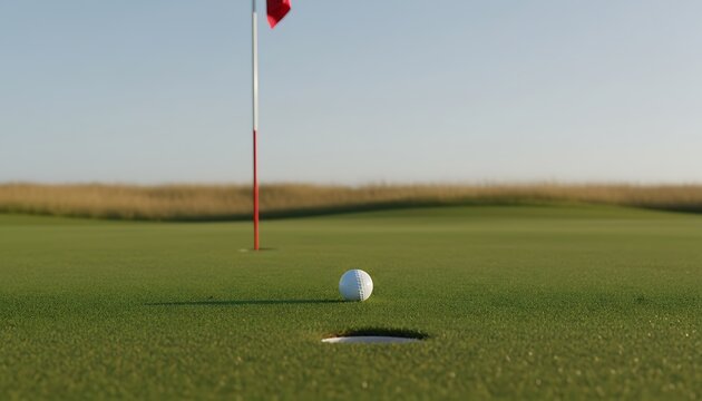 Fresh Golf Ball Near Hole on Green with Flagpole in Sunny Course
