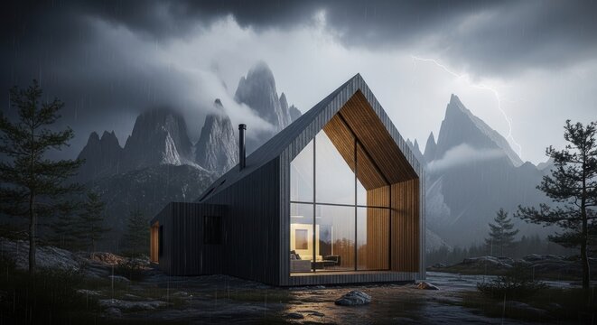A modern minimalist mountain cabin with steep pitched roof and dark cladding stands amidst trees, framed by large windows showing mountain peaks under a dramatic stormy sky.