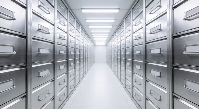 Hyper-sterile records repository hallway lined with brushed steel archive drawers, wide symmetrical enterprise background for e-discovery, audit readiness, privacy compliance and legal operations