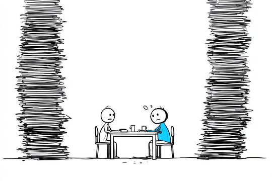 Two stressed cartoon men sitting at table with large piles of documents and paperwork showing workload pressure and office stress concept.