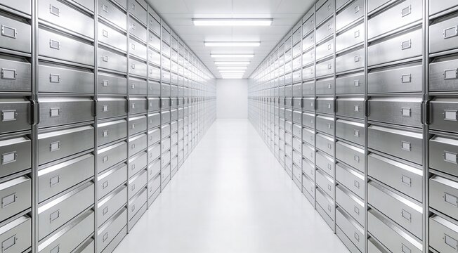 Commercial e-discovery archive corridor with endless white hallway and brushed steel records drawers, premium legal tech background for compliance, document retention and secure data review
